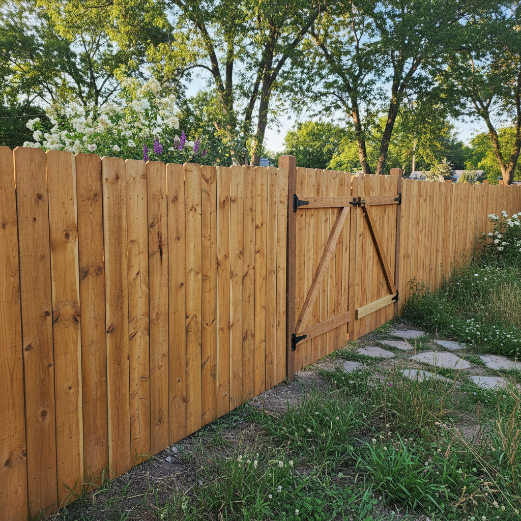 A standard 6 foot privacy fence, new but in a very relaxed setting—natural imperfections, slightly varied wood grain, subtly uneven boards, casual atmosphere, no overly generated or perfect look. Natural background, warm lighting, realistic shadows.