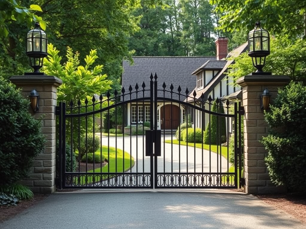 a realistic automatic driveway gate at a country home that looks practical and not too fancy