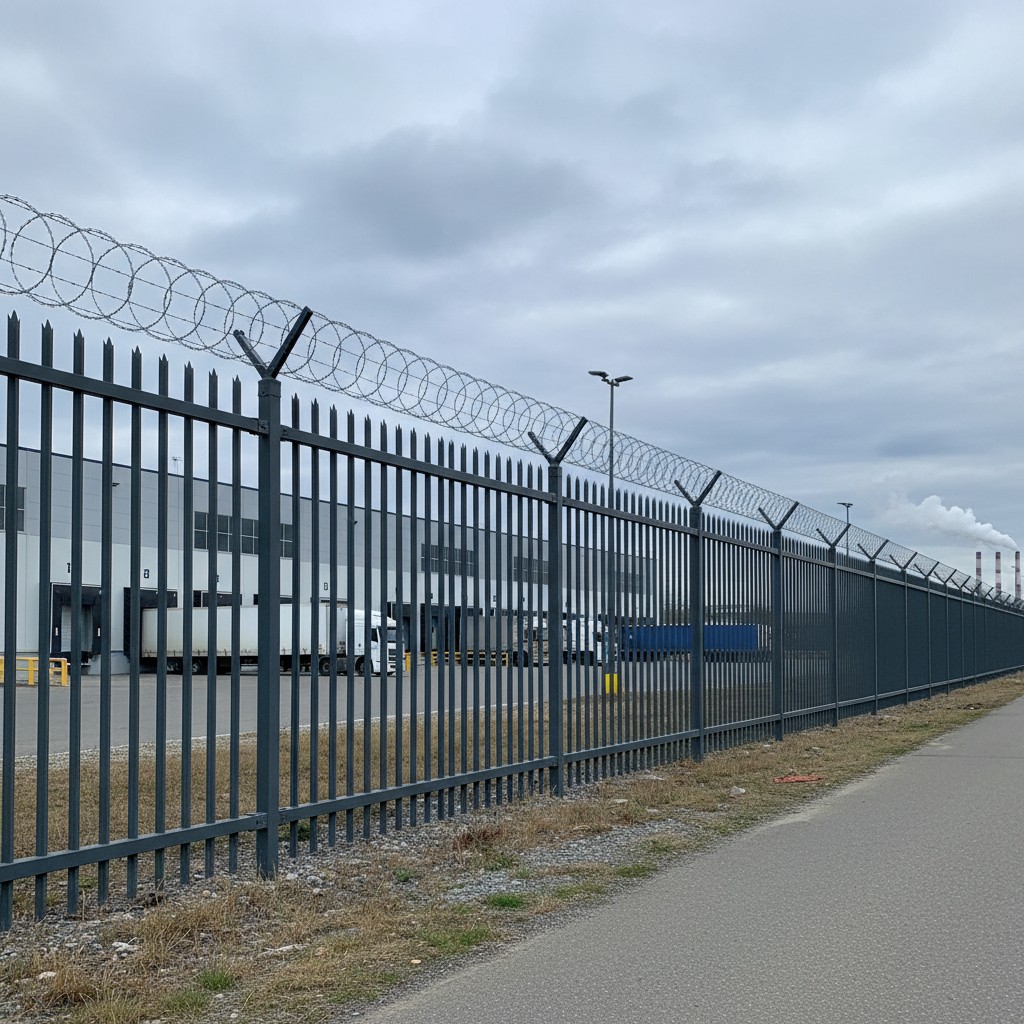An expanse of gray metal fencing with barbed wire laid atop is visible. Various posts of different heights crowd the fence...