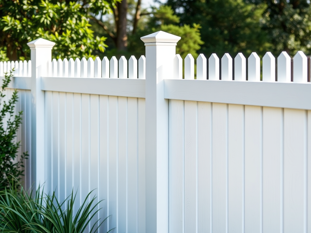 a realistic vinyl fence at a residential home, outdoors, realistic lighting, no visible defects or digital artifacts